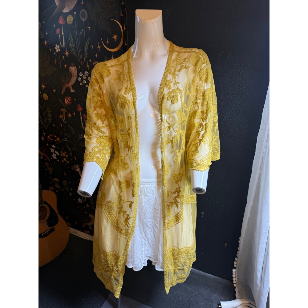 She + Sky Mustard Yellow Embroidered Mesh Kimono Lace Trim Boho Robe SM